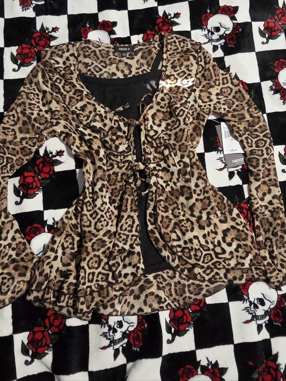 Forever 21 Sheer Leopard Print Bell Sleeve Tie-Front Top